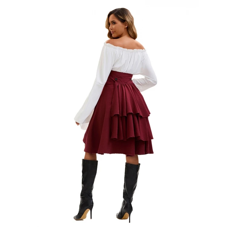 Długi damski top w stylu pirackim z marszczeniem w talii, idealny na cosplay, występy sceniczne, Halloween, średniowieczne i renesansowe tematyki.