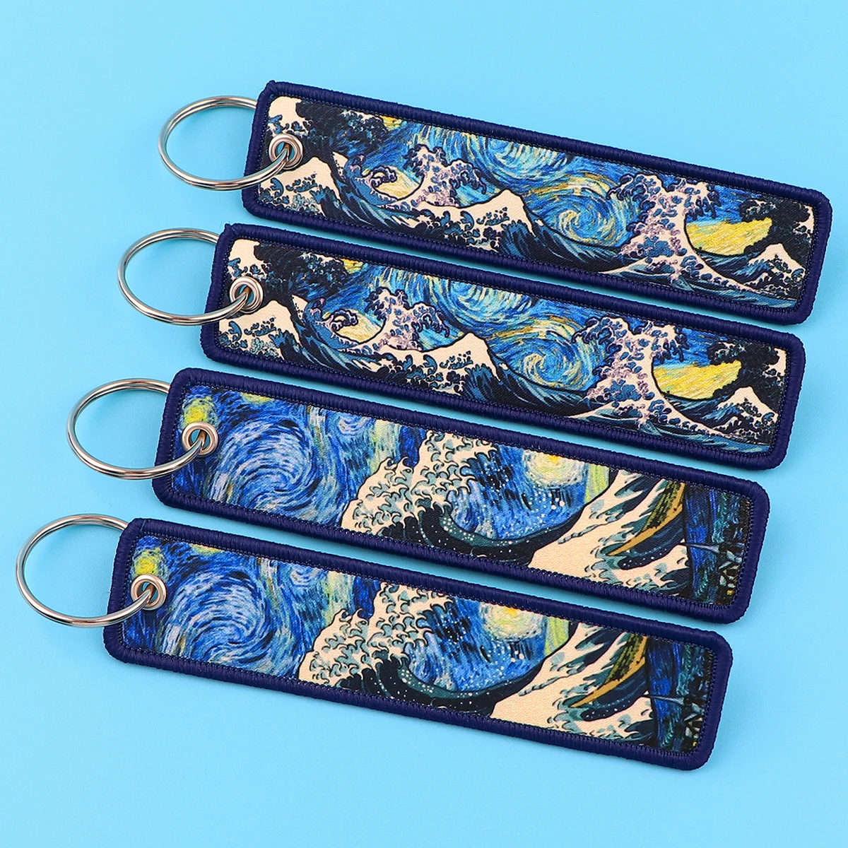 Van Gogh Embroidery Key Fobs Japanese Waves Key Tags Keychain For Motorcycles Cars Key Ring Accessories Jewelry Chaveiro Gifts