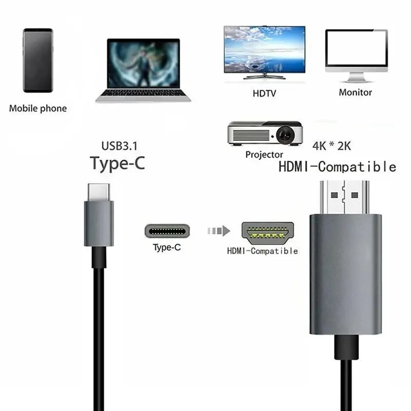 كابل USB C إلى HDMI 4K Type-C إلى HDMI 2.0 4K60 هرتز 2K120 هرتز متوافق مع Thunderbolt 4/3، لجهاز Iphone 15 MacBook HDTV Monitor PC