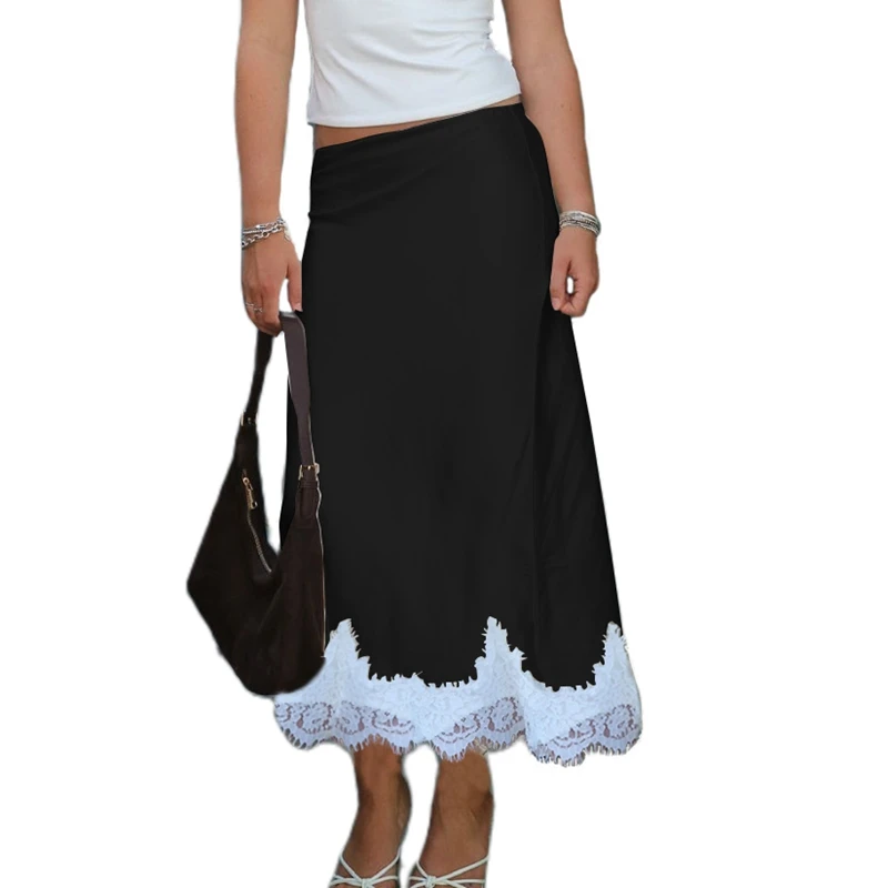 

Women Flowy Silky Long Skirts Elegant Lady Half Slip Under Dress Vintage Lace Trim Satin A Line Midi Skirt Club Party Streetwear