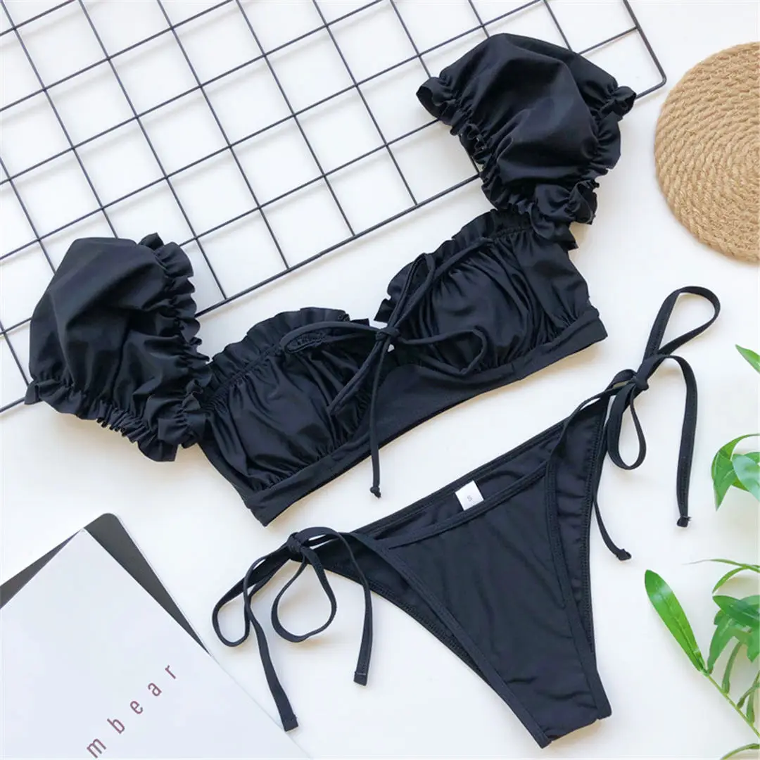 Kurzärmeliger, brasilianischer, plissierter, geraffter Bikini-Badeanzug für Damen, zweiteiliger Bikini-Set, Badebekleidung, Badeanzug, Schwimmanzug V1729 – Detail 27