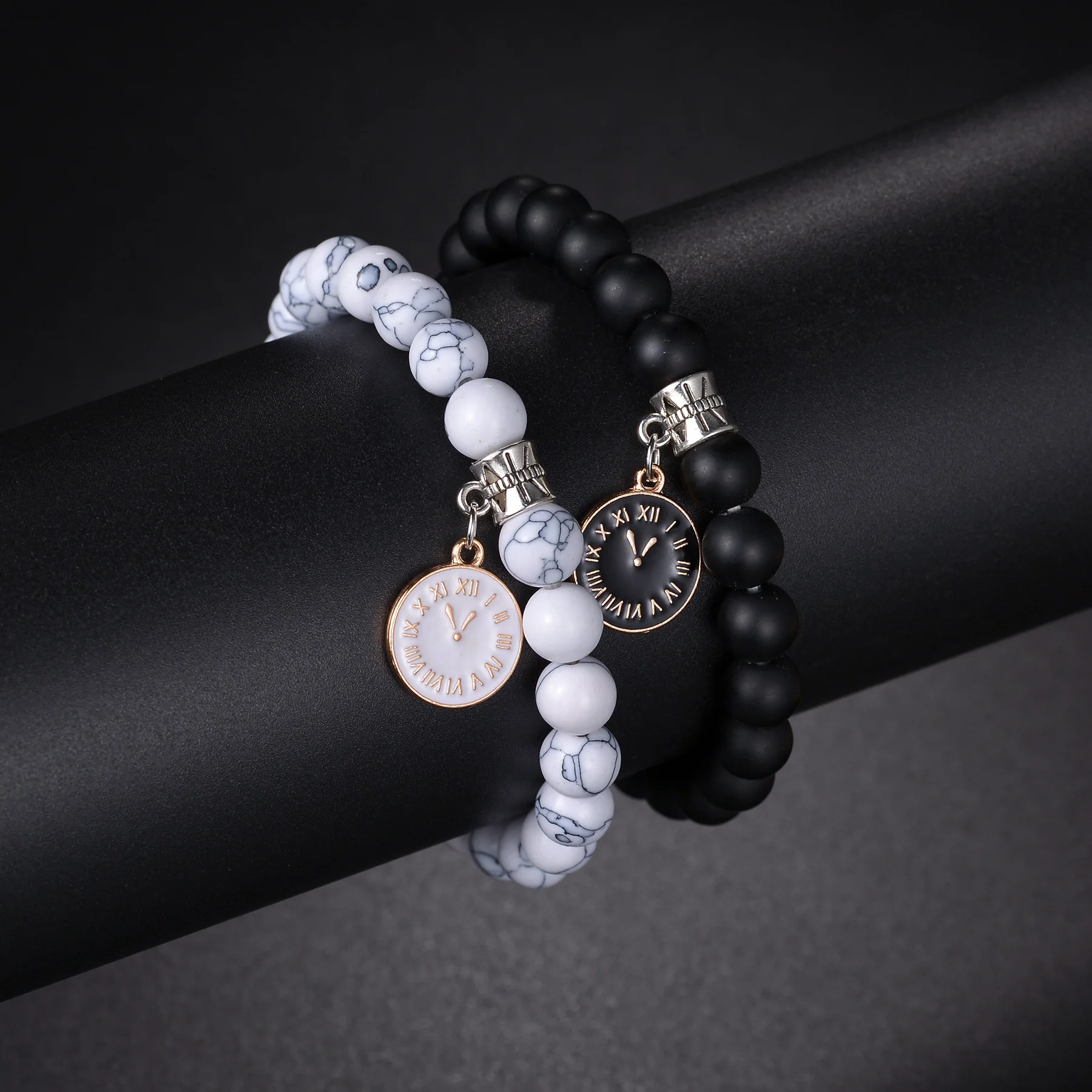 MeMolissa 2pcs/Set Clock Design Natural Stone Beaded Bracelet White Turquoise Bracelets for Men Women Couple Charm Jewelry Gifts