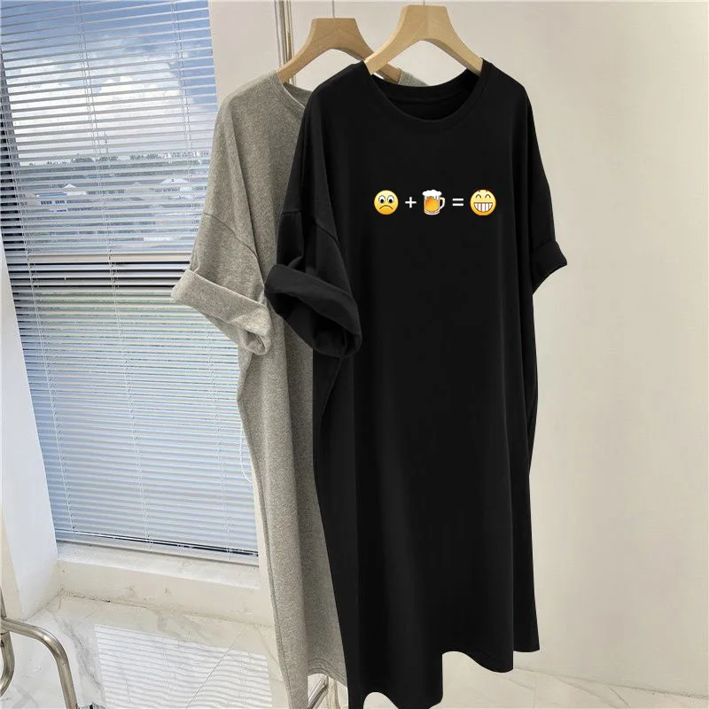 Abbigliamento donna moda abito Basic manica corta, abiti estivi larghi Casual dritti, tunica al ginocchio con scollo a o stampata in cartone animato