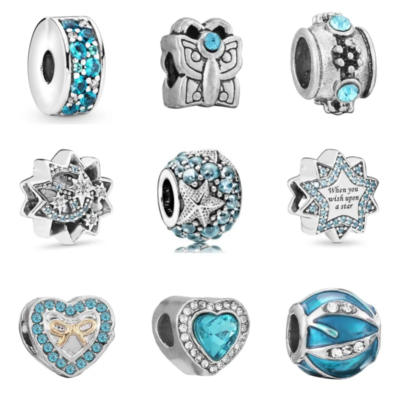 New Silver Plated Blue Diamond MY LOVE Alloy Large Hole Charm Beads For Pandora DIY Bracelet Necklace Jewelry Accessories Gifts