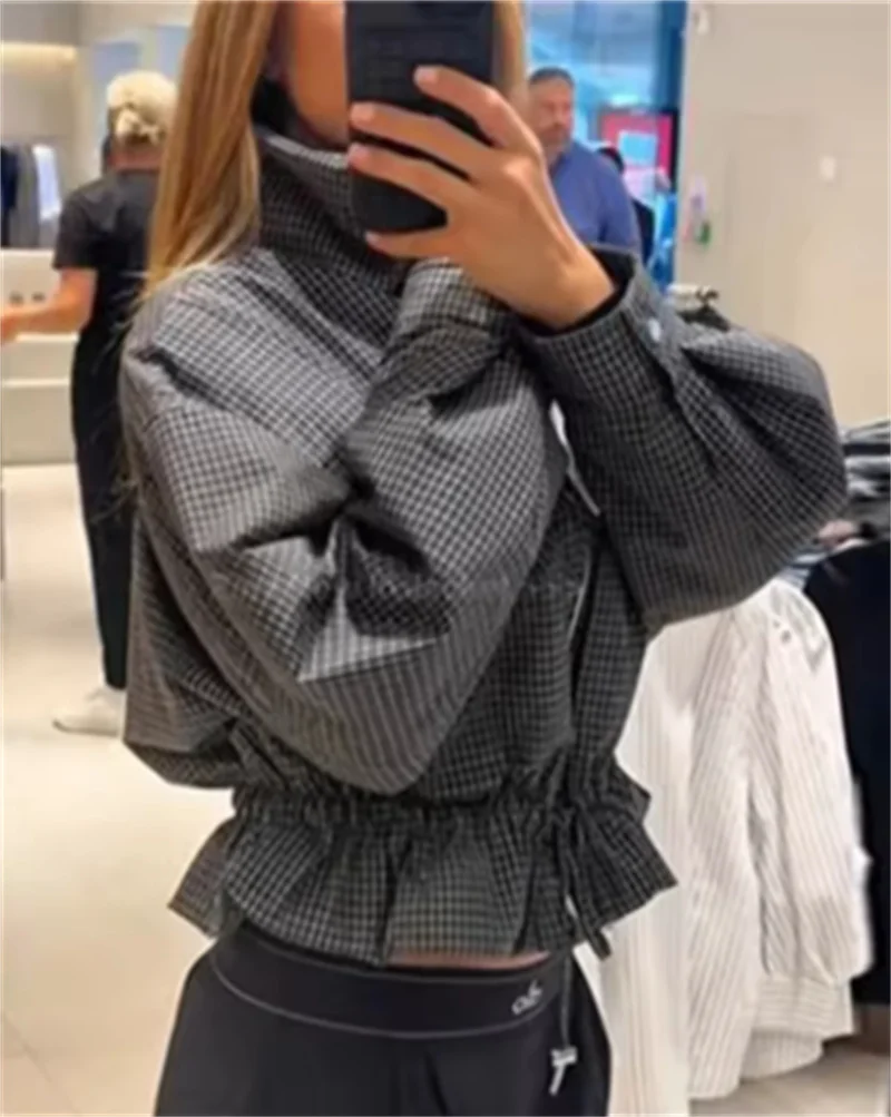 Guobioziy Women's Top 2026 Autumn New Fashion Loose-Fit Versatile Long-Sleeve Stand Collar Plaid Cotton Jacket