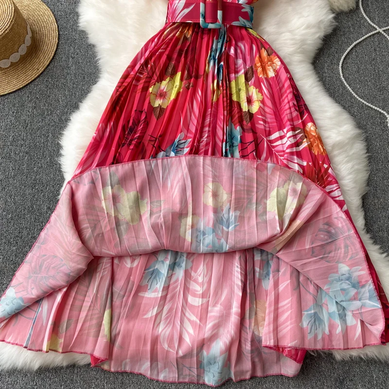 Vestido plissado floral série francesa decote em v, vestido de verão feminino, cintura cinching, temperamento fino chiffon resort vestidos