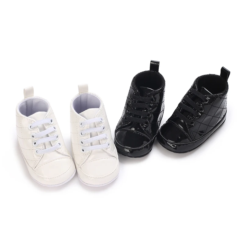 Spring and Autumn Newborn Black Shiny Leather High Top Walking Shoes for Leisure and Versatile First Step Walking Shoes