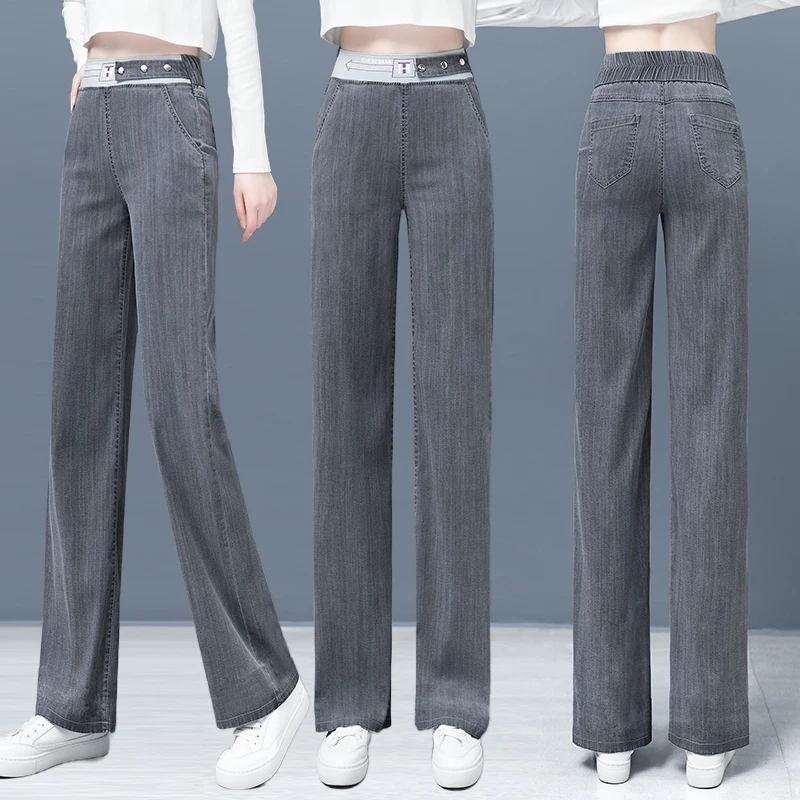 

Smoke Grey Silk Denim Pants Women Summer Thin High Waist Drape Straight Loose Ice Silk Wide Leg Pants Commute Style Korean Ve...