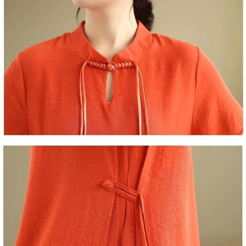 Vestido longo feminino retrô de linho e algodão, gola dupla camada, manga curta, estilo chinês, linha a, vestidos brancos de verão