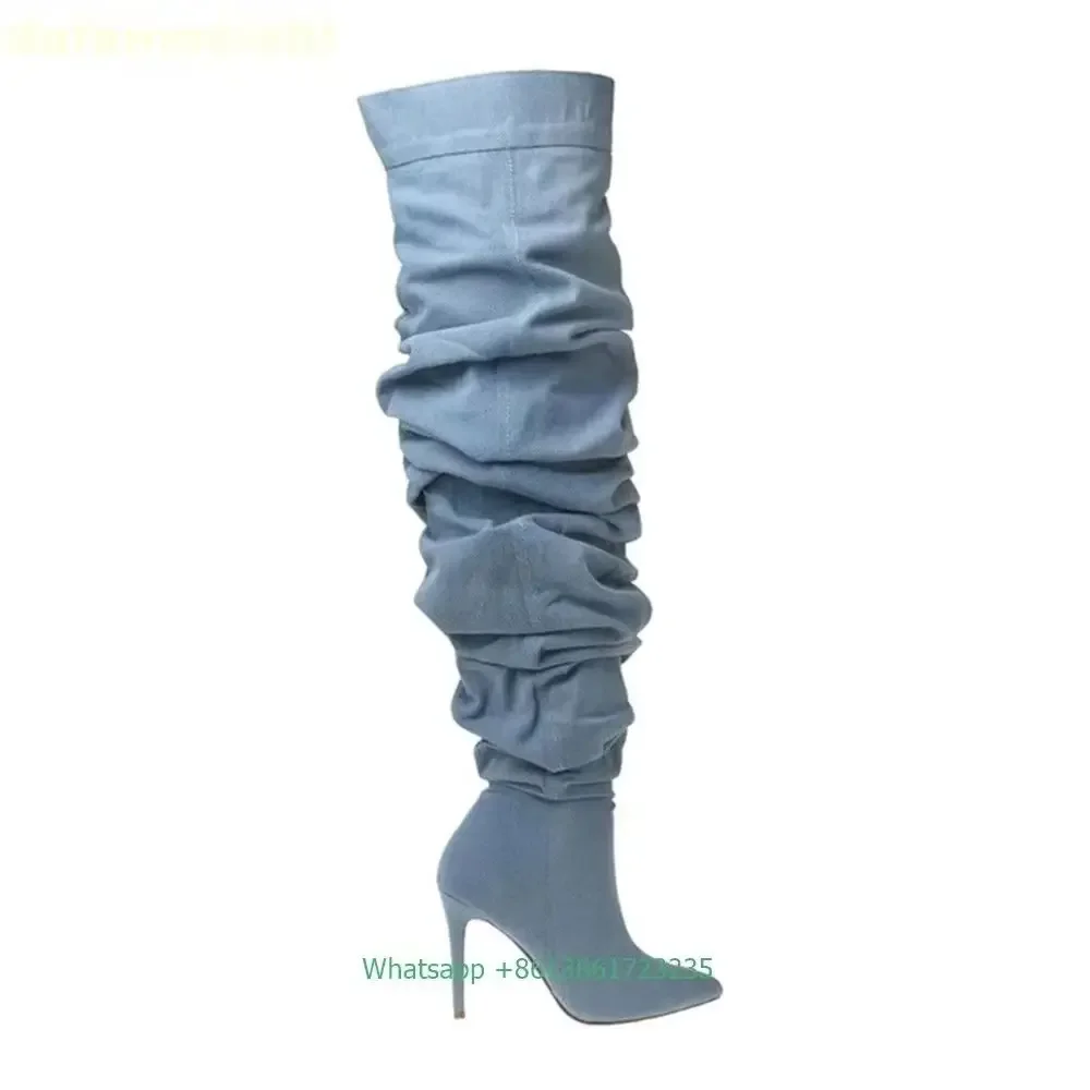 

Denim Over The Knee Boots Women Fashion Thin High Heel Pleated Long Boots 2025 Winter New Pointed Toe Solid Color Women Boots