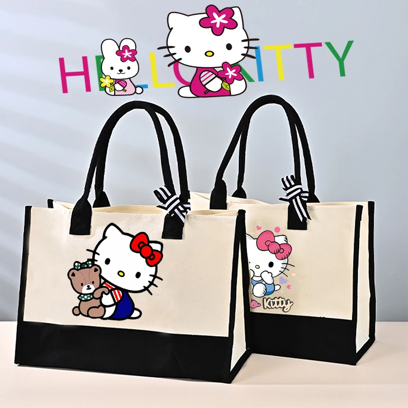 Hello Kitty Canvas Tote Bags Anime Sanrio borse a secchiello da donna borsa a tracolla quadrata di grande capacità ragazze Kawaii Storage Bag Gift