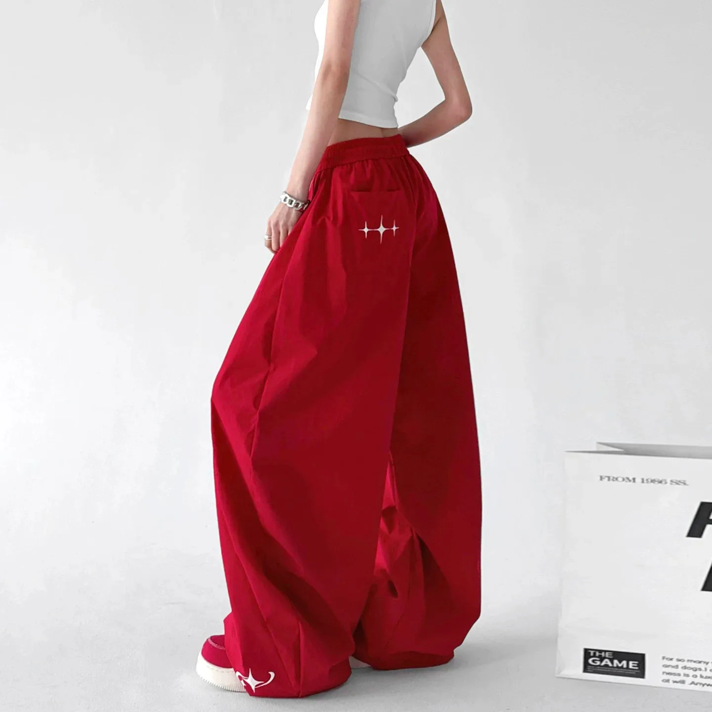 Y2K Red Cargo Pants Women Streetwear Print Black Baggy Sweatpants Harajuku White Wide Leg Joggers Summer Casual Trousers
