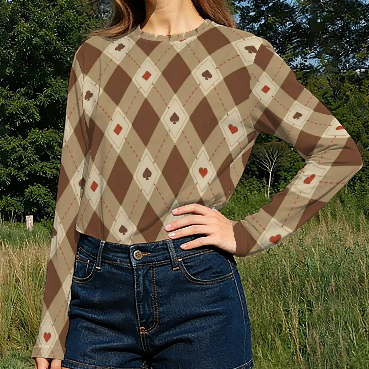 Women's long-sleeve top for autumn and winter, retro argyle pattern, trendy, individual and creative, suitable for business