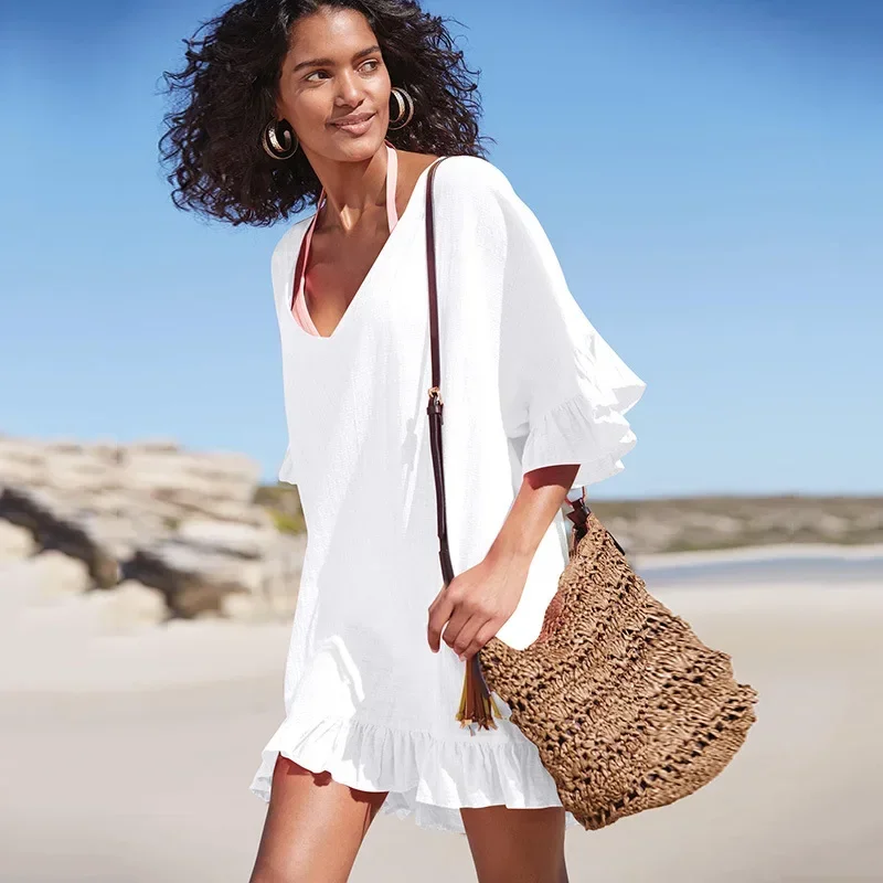 2025 Nuovo bikini europeo americano con scollo a V in cotone con nodo di bambù e camicetta da spiaggia per costume da bagno da vacanza per le donne