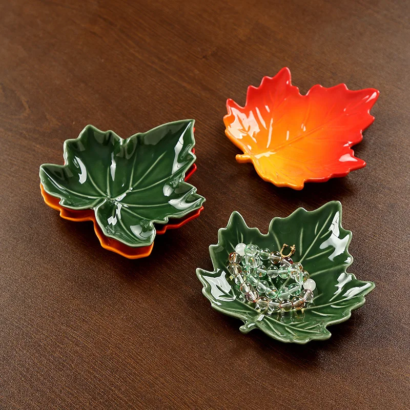 Ceramic JewelryDish Maple Leaf Shape Ring Holder Bowl Earring Organizer Plate Small JewelryCatchall ForSinking Vanity Nightstand