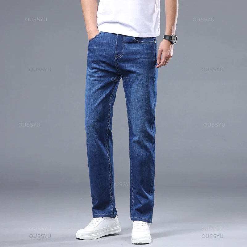 New Summer Ultrathin Men's Jeans Cotton Business Classic Slim Denim Pants Work Light Blue Casual Trousers Male Plus Size 28-40