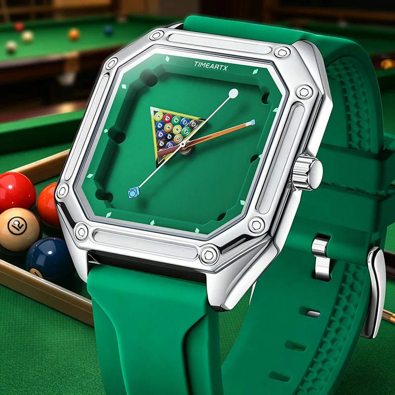 TIMEARTX Men's Square Quartz Watch 2026 New Green Dial Rubber Strap Alloy Case Casual Sport Wristwatch