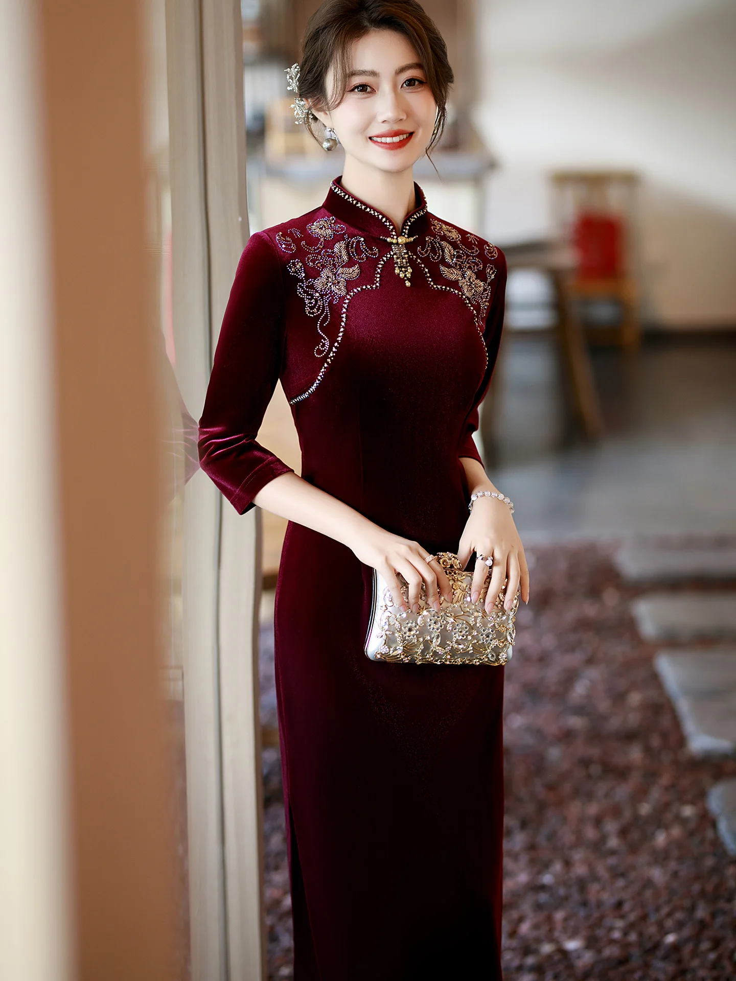

Velvet Long Qipao Dr Seven-Quarter Sve Wedding Ceremony Traditional Chinese Sle Long Gown for Mother of the Bride Purple