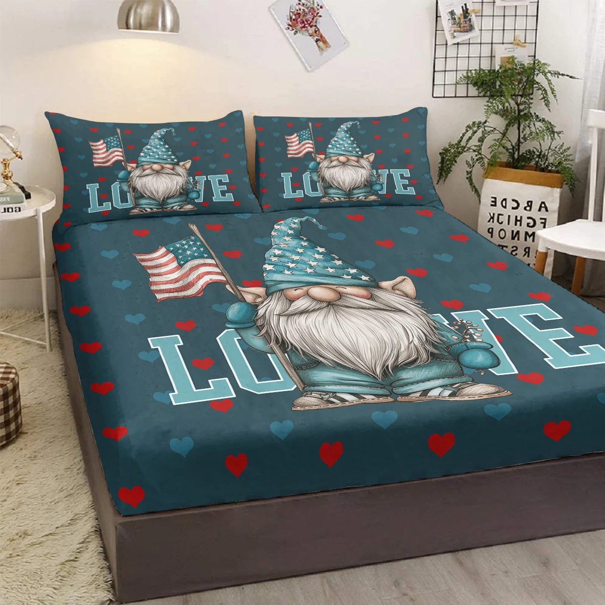 Set di lenzuola con motivo bandiera americana cappello blu stelle Set di lenzuola comode e traspiranti con stampa di barba bianca per uomo anziano 3 pezzi