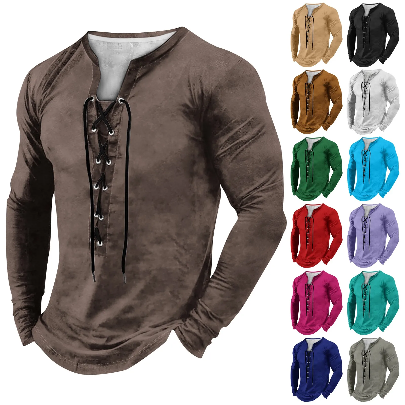 Men'S Vintage Style T-Shirts Spring Outdoor Casual Tops Fashion Lace-Up V-Neck Long-Sleeved T-Shirt Autumn Plain Color Tops