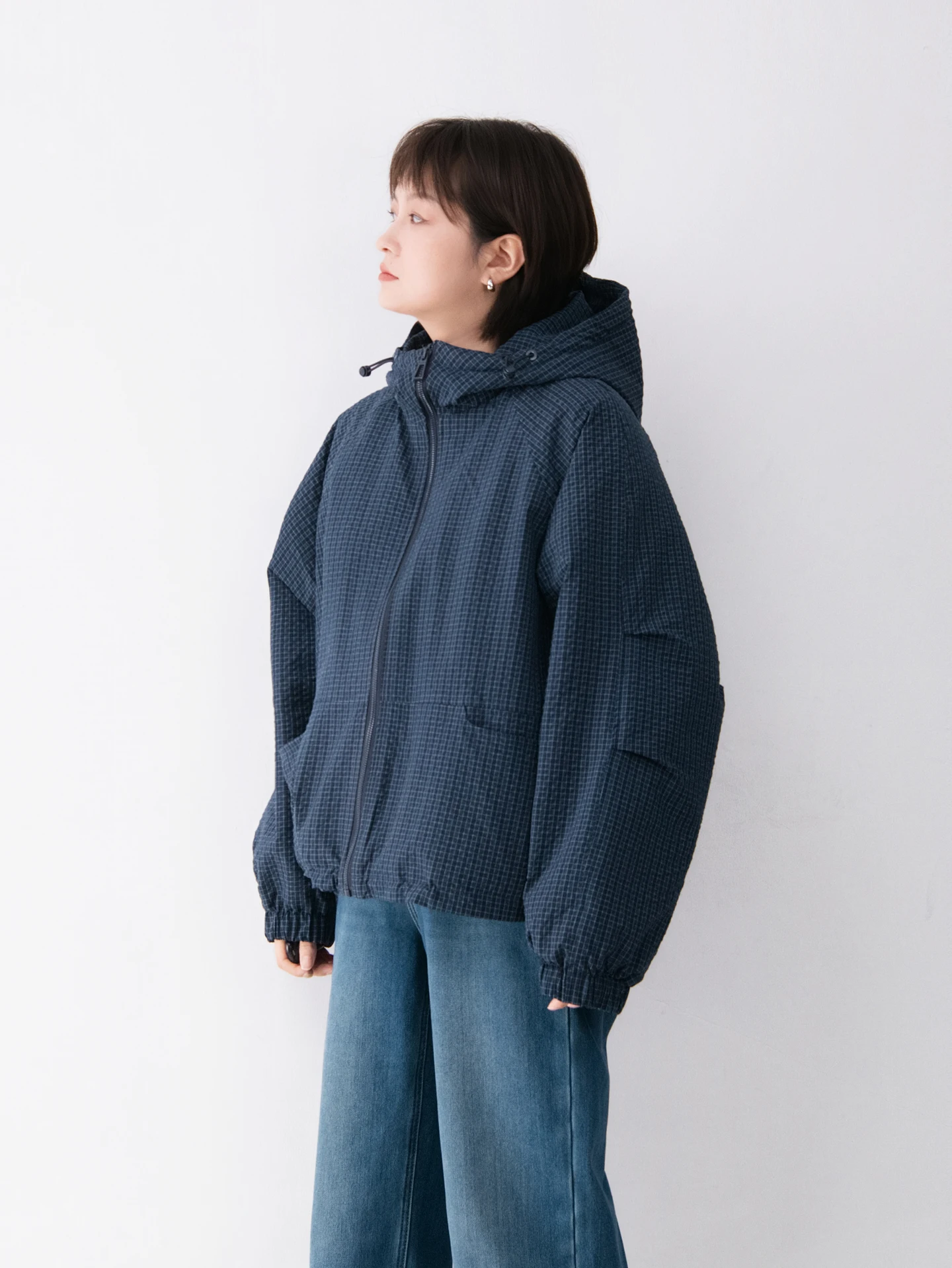 

Women's Casual Long Sve Hooded Cotton Jaet Quilted Texture Plaid Folded Design Versatile Comfortable Artistic Sle