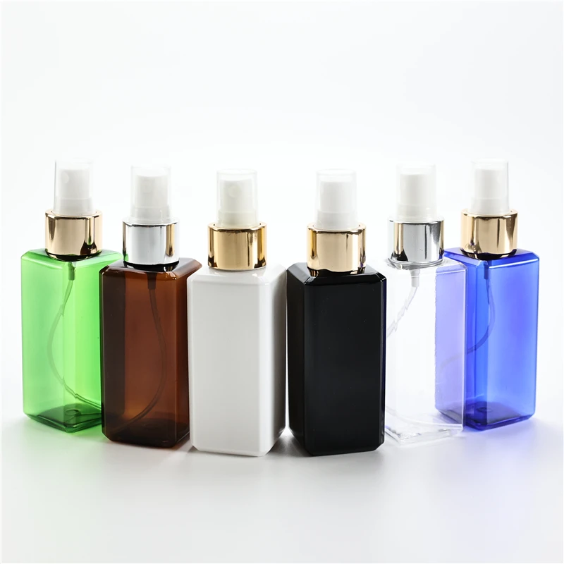 

Multicolor 120ML X 40 Empty Hydrosol Square Plastic Bottles With Gold Collar Spray Pump Toner Water Mist Sprayer Perfume Bottles