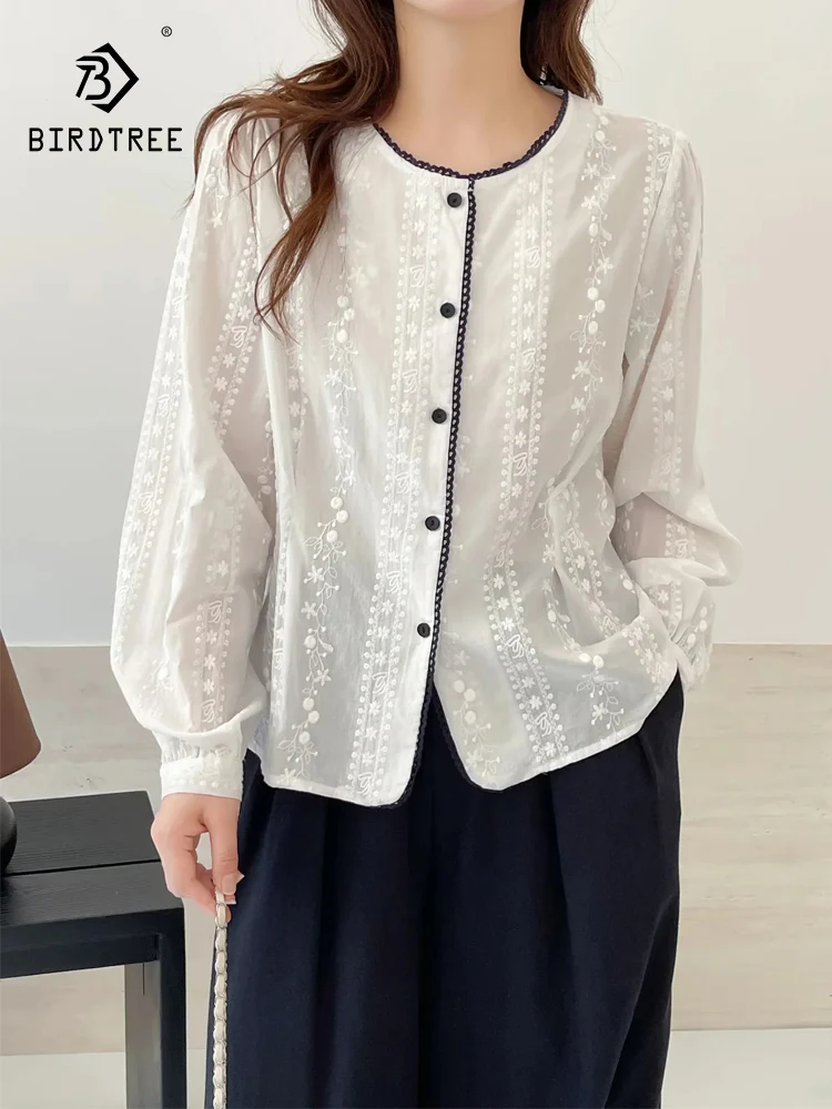 

Новинка 2026, весенняя хлопковая рубашка с длинным рукавом, женская кружевная лоскутная рубашка с круглым вырезом и вышивкой, свободная блузка в консервативном стиле Mori Girl T5D852CC