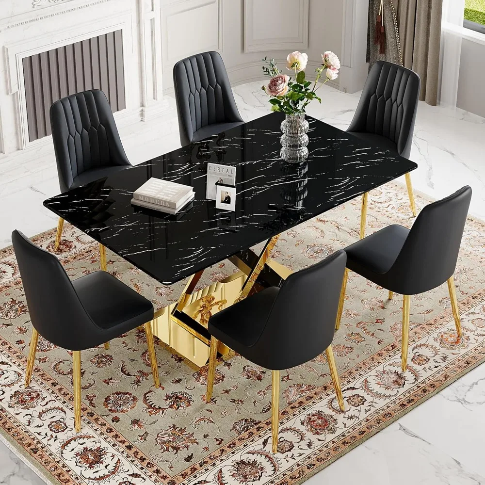 

Modern Dining Table Set for 6, 63“ Dinner Table Set for 6, White Faux Marble Kitchen Tabletop with Black Upholstered PU Leather