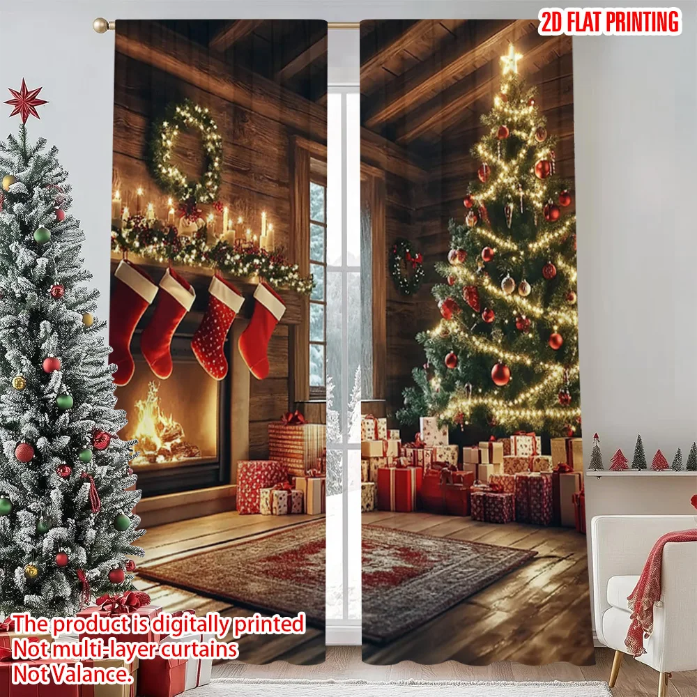 

2pcs 2D flat printing Christmas Scene Curtain Farm Style Christmas Scene Versatile Polyester Without Electricity Family Party