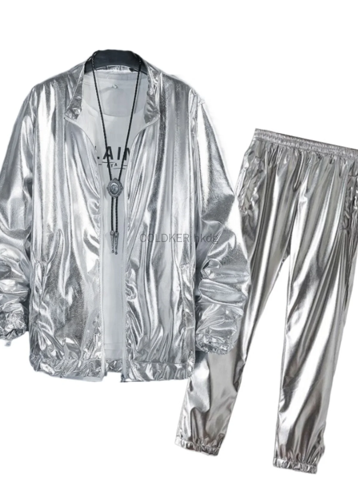 Silver Gold Set for Men's Metallic Jacket and Pants Set Jacket Men Straight Leg Trousers Costume for Men Disco Cosplay Party