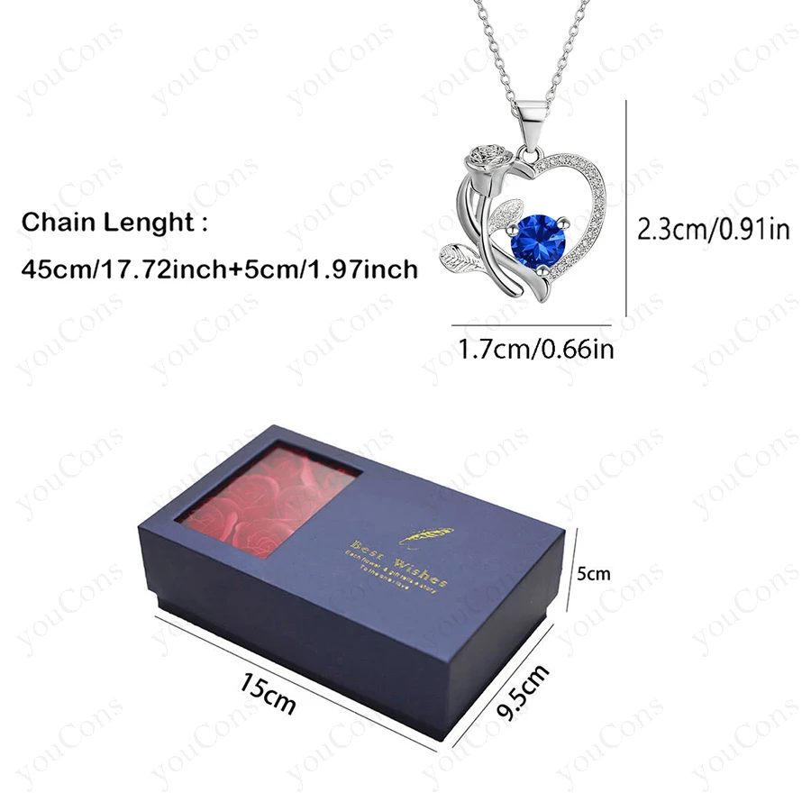 Colares com pingente de coração azul com 6 rosas, caixa de presente para mulheres, amante, mãe, natal 2025, moda romântica, joias de casamento