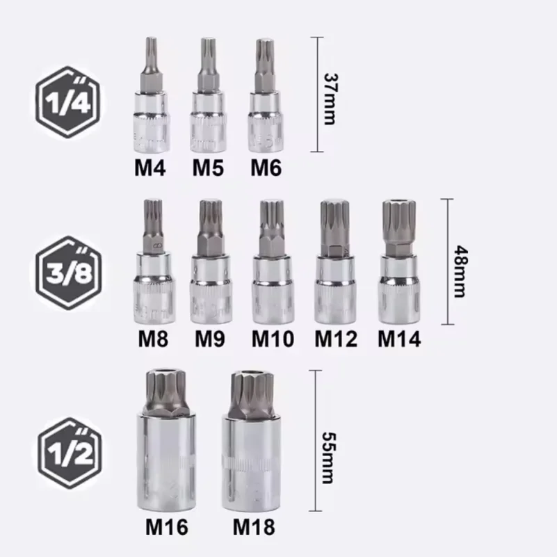 M4-M18 10PCS Professional Point Triple Square Spline Bit Socket Set Tamper Press Batch Sleeve Set Auto Repair Tools Screwdriver