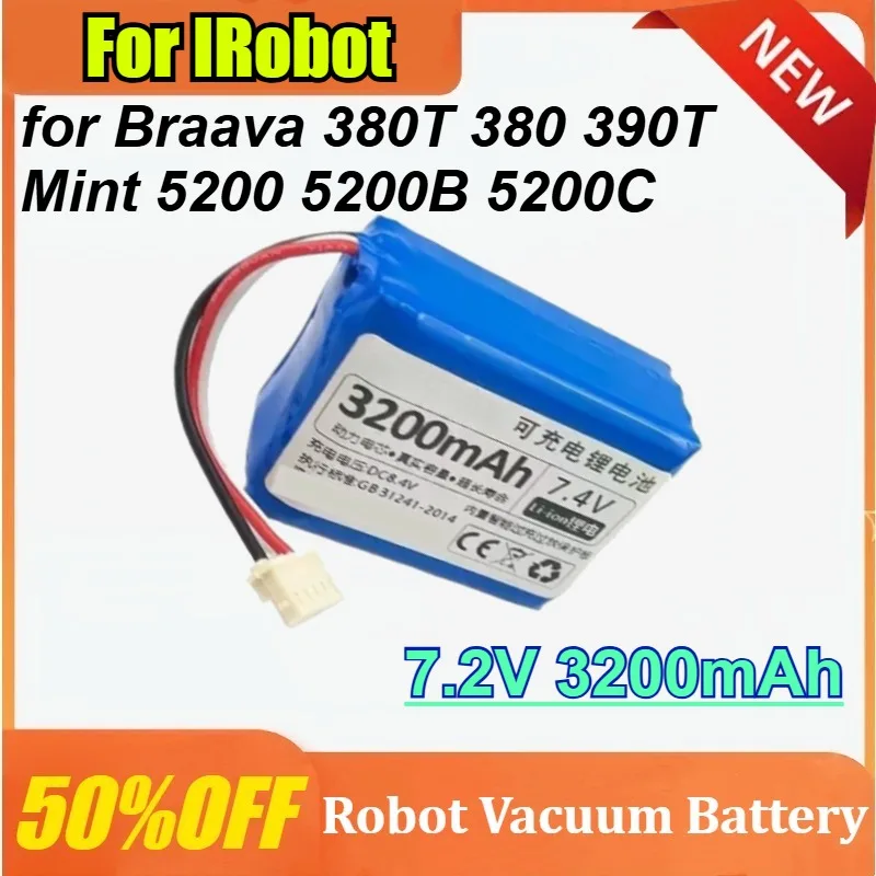 

For IRobot 7.2V 3200mAh for Braava 380T 380 390T Mint 5200 5200B 5200C Vacuum Cleaner Battery