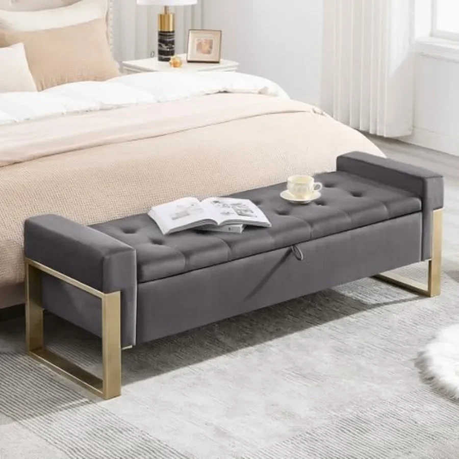 End of Bed Storage Bench for Bedroom, Upholstered Velvet Tufted Ottoman in Grey with Gold Legs, 67'' King Size Bench for Feet o