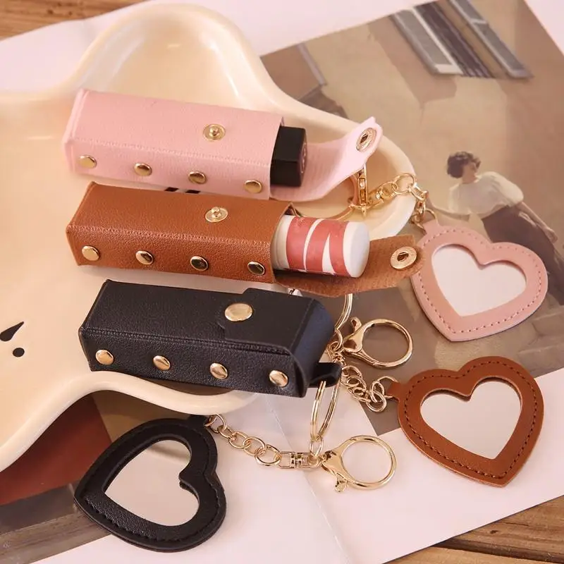 Fashion PU Leather Lipstick Bag Outdoor Portable Mini Lip Gloss Bag Multifunctional With Mirror Makeup Lipstick Holder Women
