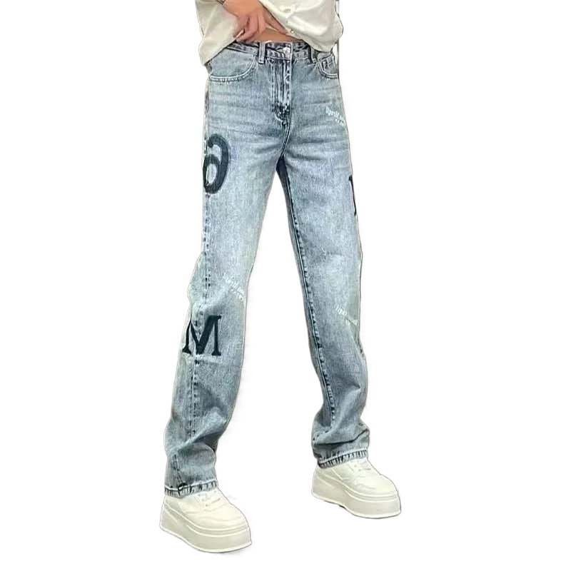 Celana Jeans Pria Model Kaki Lebar Musim Semi dan Gugur, Serbaguna, Fashion, Bermotif, Kasual, Stretch, Trendi, Biru, Model Lurus