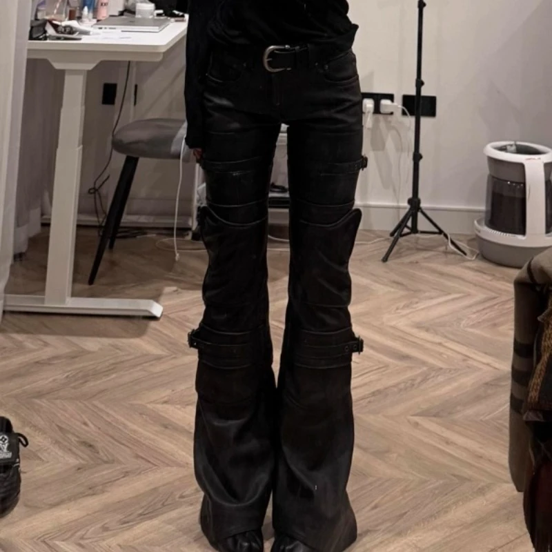 American Retro Design Black Women's Bell-bottoms 2025 Winter New Sweet Cool Hot Girl Slimming Punk Slimming Leather Pants Ladies