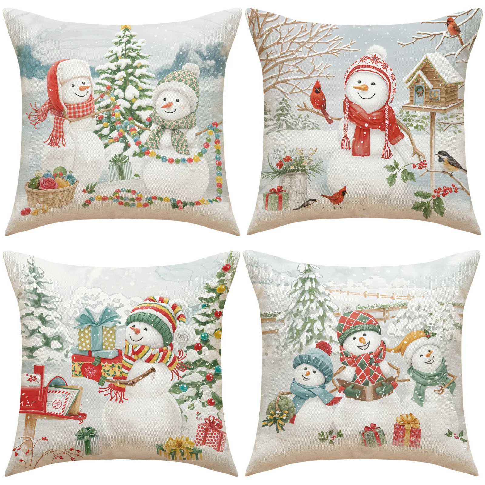 

4 шт., наволочки с рисунком снеговика и снежинки, рождественские наволочки для украшения дома, рождественская подушка со снеговиком и мультяшным принтом