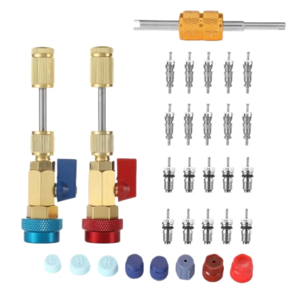 31PCS Valve Core Remover Installer Tool Set Brass AC-R134A Quick Coupler Kit For Automotive Air Conditioning Refrigeration Repai