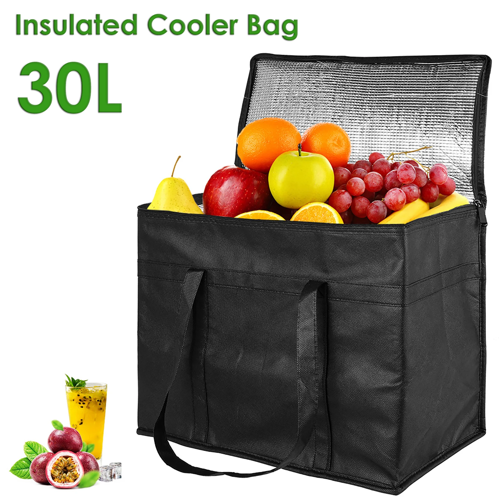 30L Portable Insulated Cooler Bag Leak-proof Food Delivery Bag Foldable Food Thermal Tote Bag for Picnic Beach Camping Work Trip