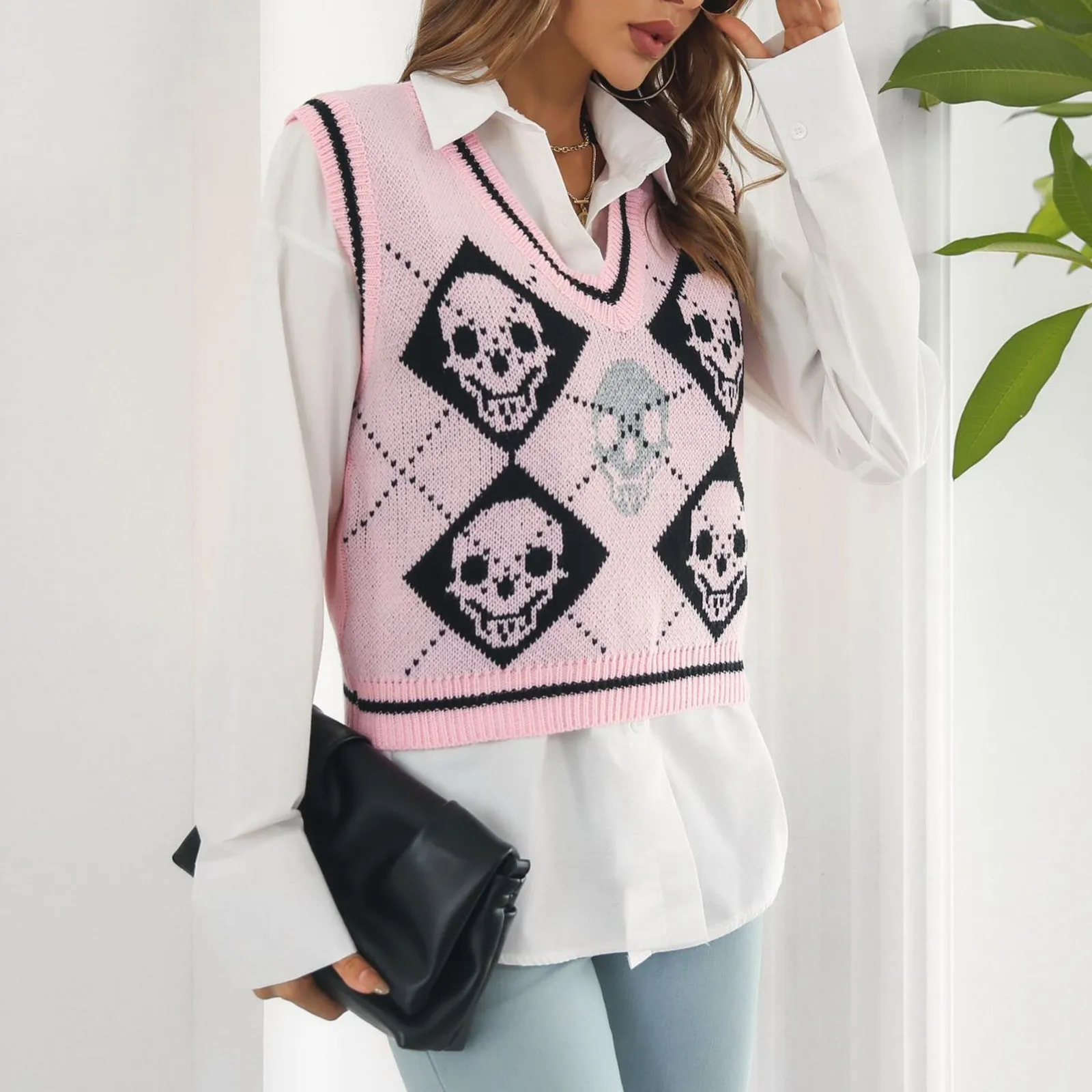 Y2K Skull Argyle Print Pattern Knitwear Preppy Style Sleeveless V-neck Pullover Black/Pink Gothic Knit Sweater Vest Autumn