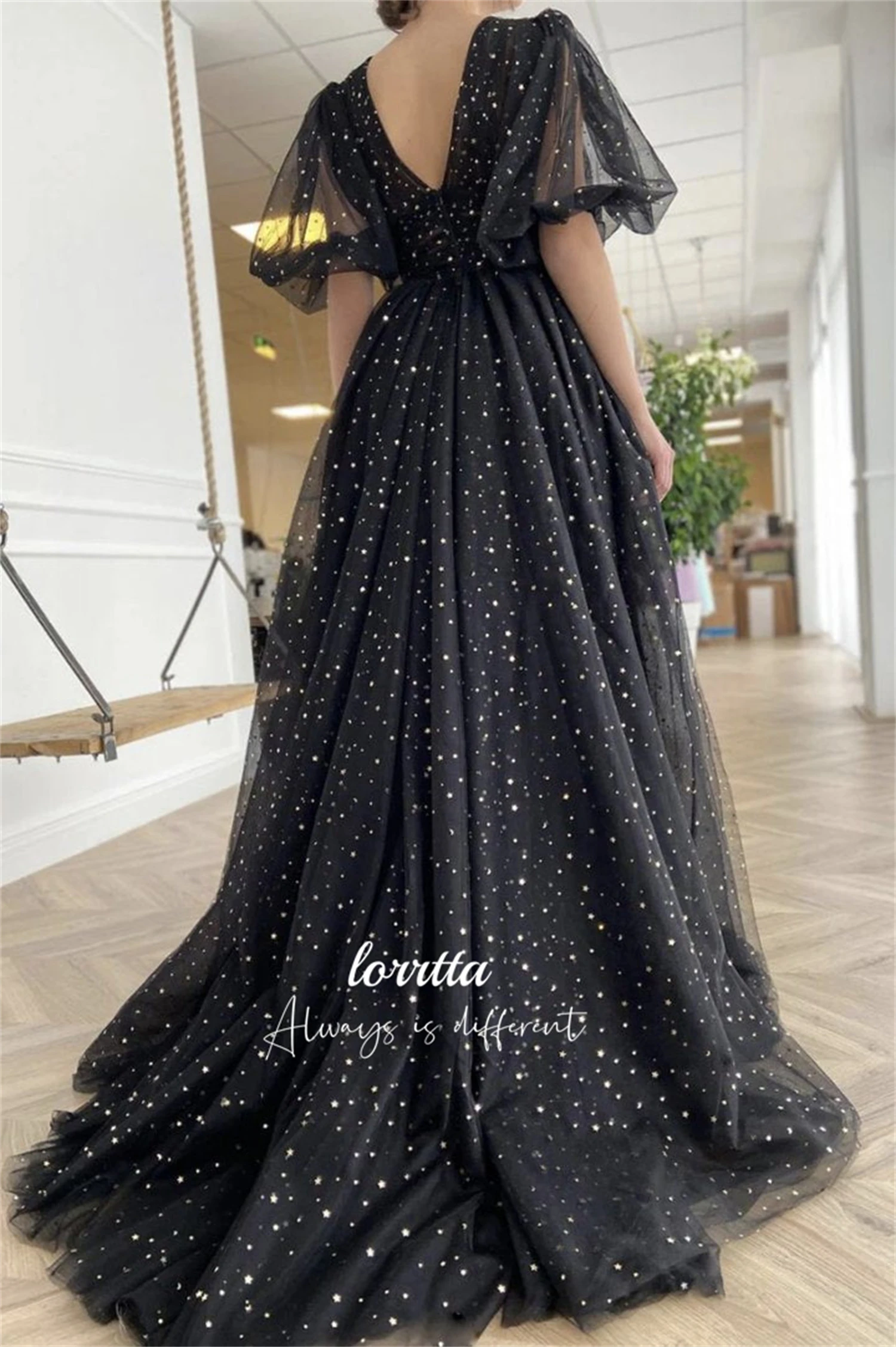 Lorrtta V-neck Evening Dress Graduation Gown Puff Sleeves Slit Star Mesh Fabric Party Black International Dresses Ball Gowns