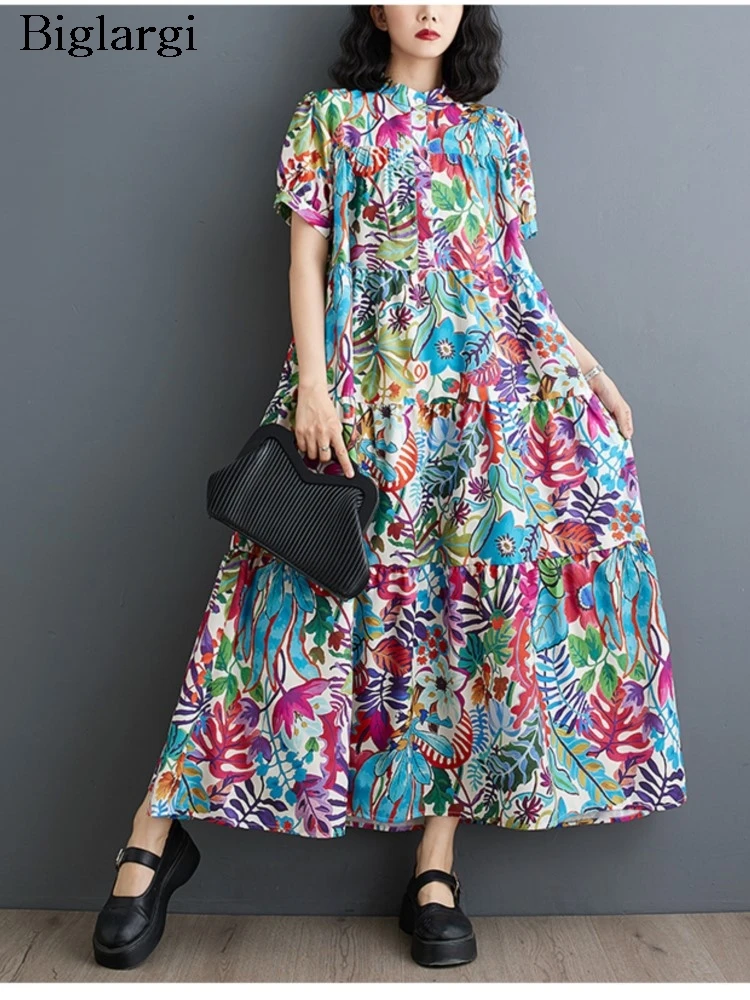 

Oversized Floral Print Modis Loose Ruffle Pleated Ladies Dresses Summer A-Line Long Dress Women Short Sleeve Casual Woman Dress