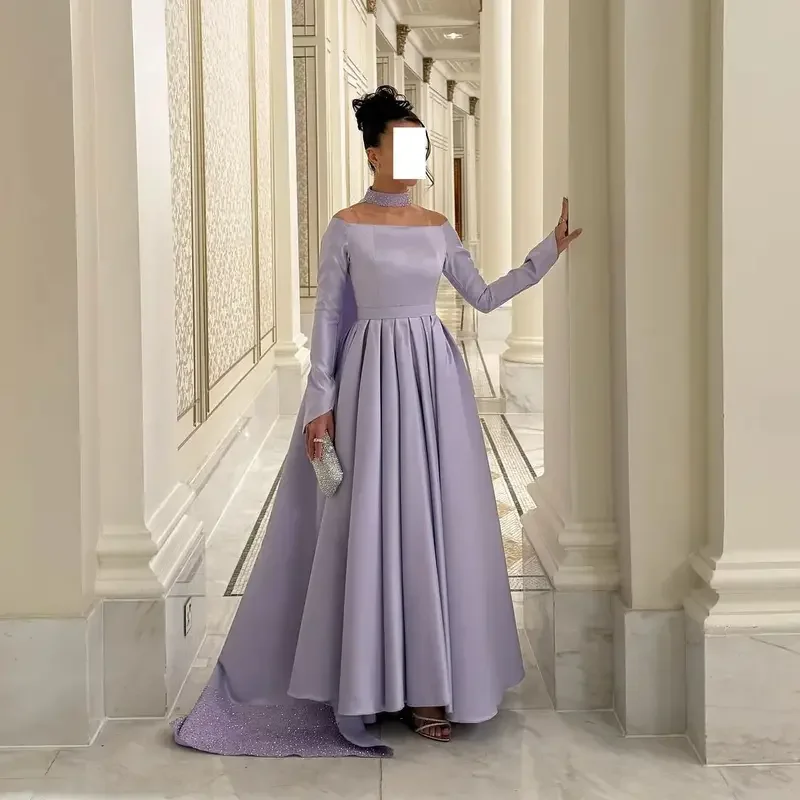 Indie Elegant Purple A-Line Prom Gown Off-The-Shoulder Long Sleeve Evening Dress customized Floor Length Special Occasion Gowns