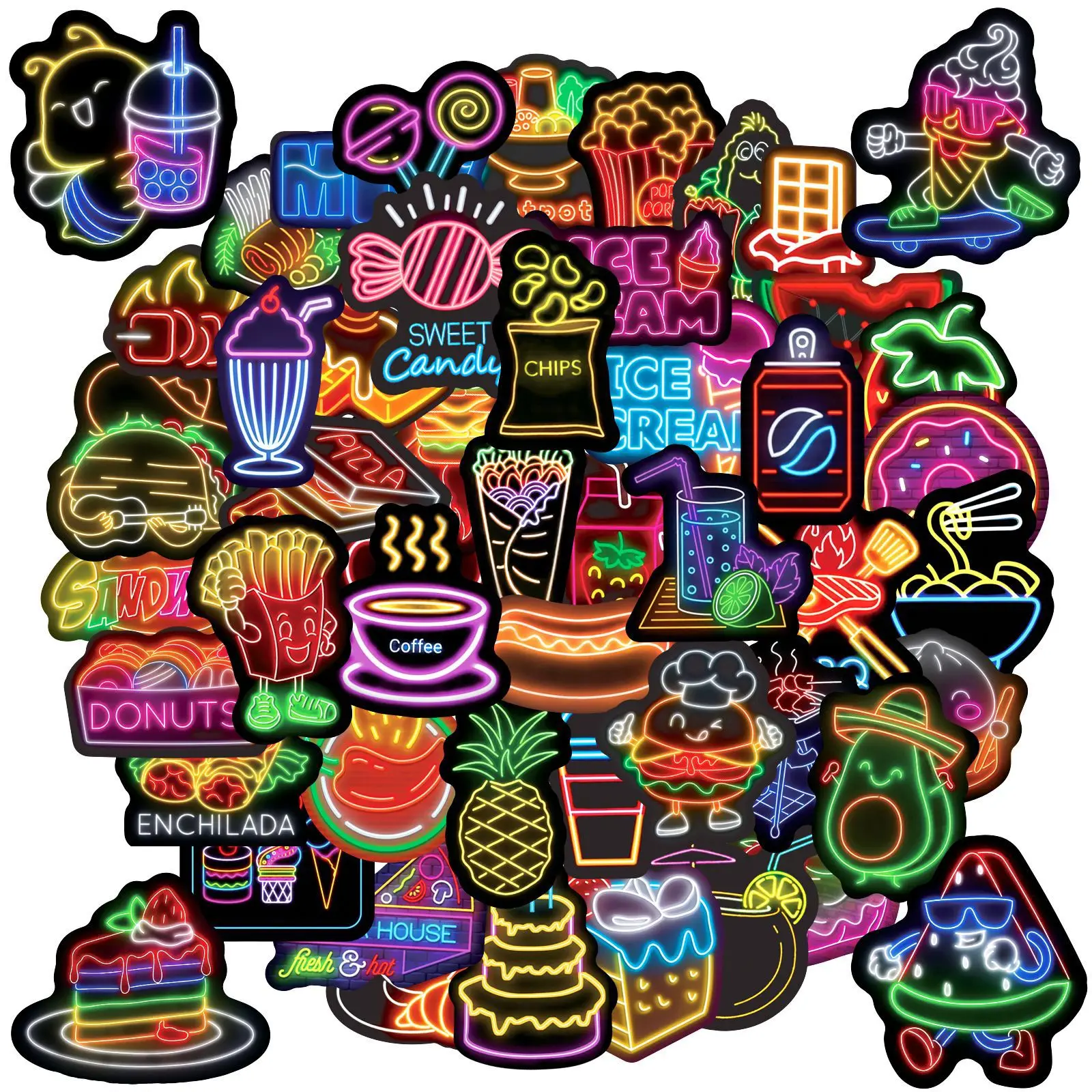 

10/50PCS Neon Style Food Drink Fruit Graffiti Stickers Decorate Refrigerator Luggage Laptop Guitar Bike Cartoon Decal Toys