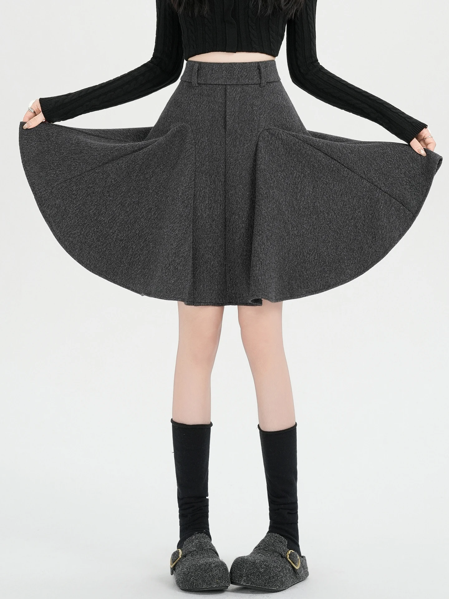 Bloemen Wollen A-lijn Rok Dames Herfst Winter Verdikte Kanten Zoom Hoge Taille Die Heup Afslanken Paraplu Rok