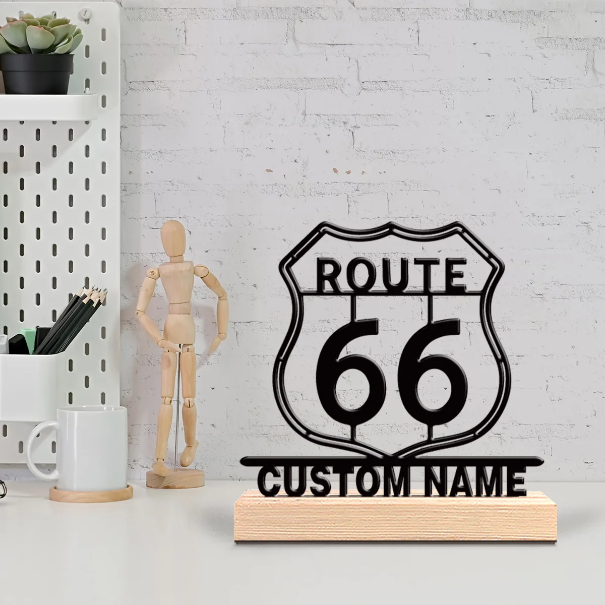 

1pc Stylish Personalized Custom Route 66 Metal Art With Wooden Base Tabletop Decoration Adventure Desk Sculpture with Wooden Ba