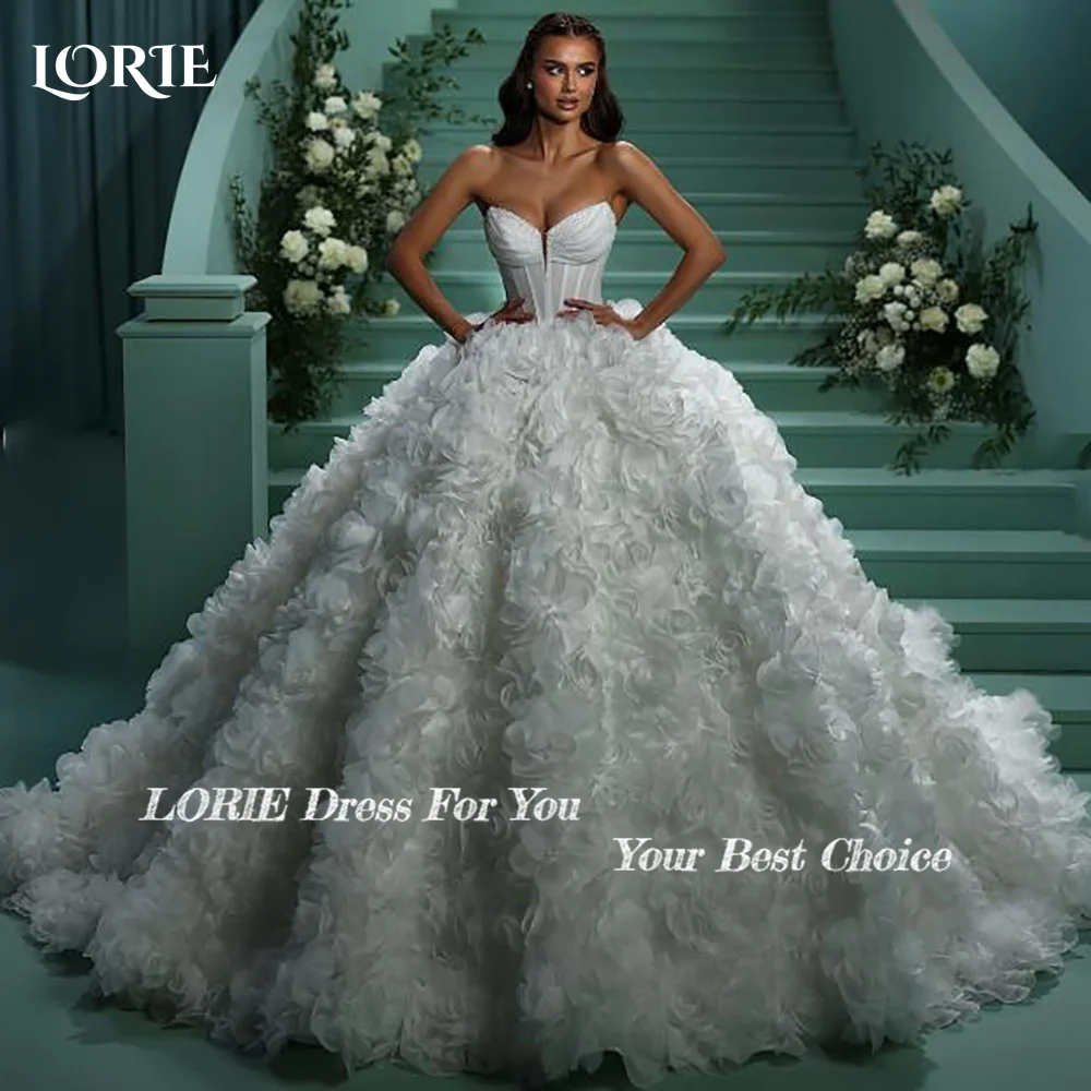 Lorie império 3d flor primavera rendas vestidos de casamento sem alças princesa puff vestido de noiva rosa bola vestidos de noiva 2025 personalizado
