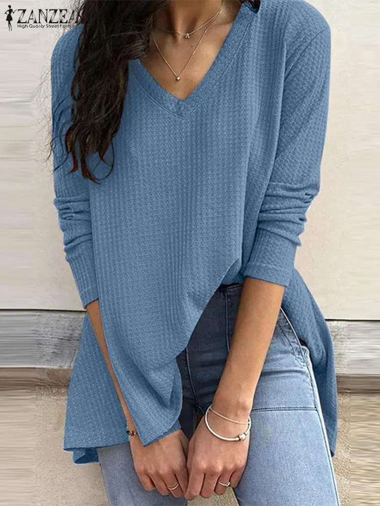 ZANZEA Women V Neck Tops 2024 Autumn Solid color T shirts Casual Loose Basic Textured Tunics Ladies Long sleeve Wafled Blouse