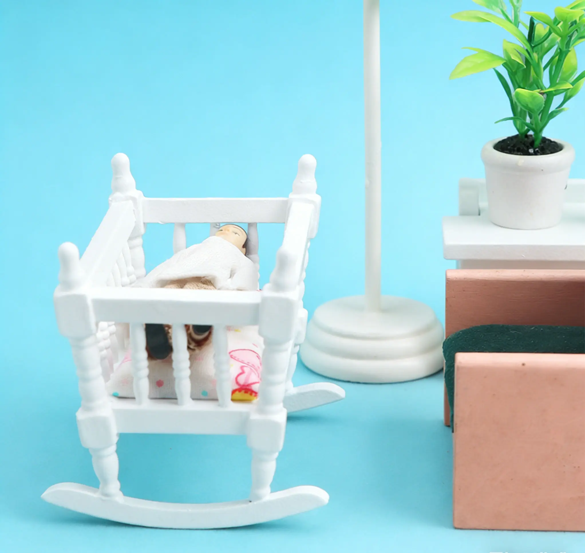 1:12 인형집 미니어처 화이트 우드 아기 요람 - 현실적인 흔들 요람, 인형집용 미니어처 가구 모델